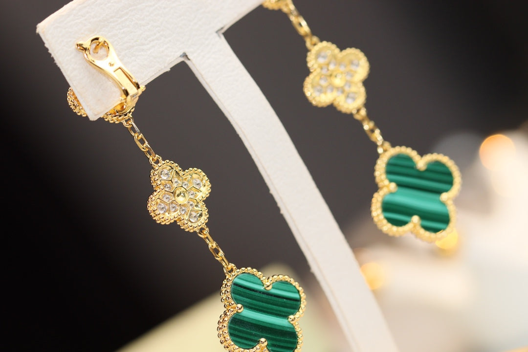 [Stellar Jewelry]CLOVER EARRINGS GOLD MALACHITE DIAMOND 3 MOTIF
