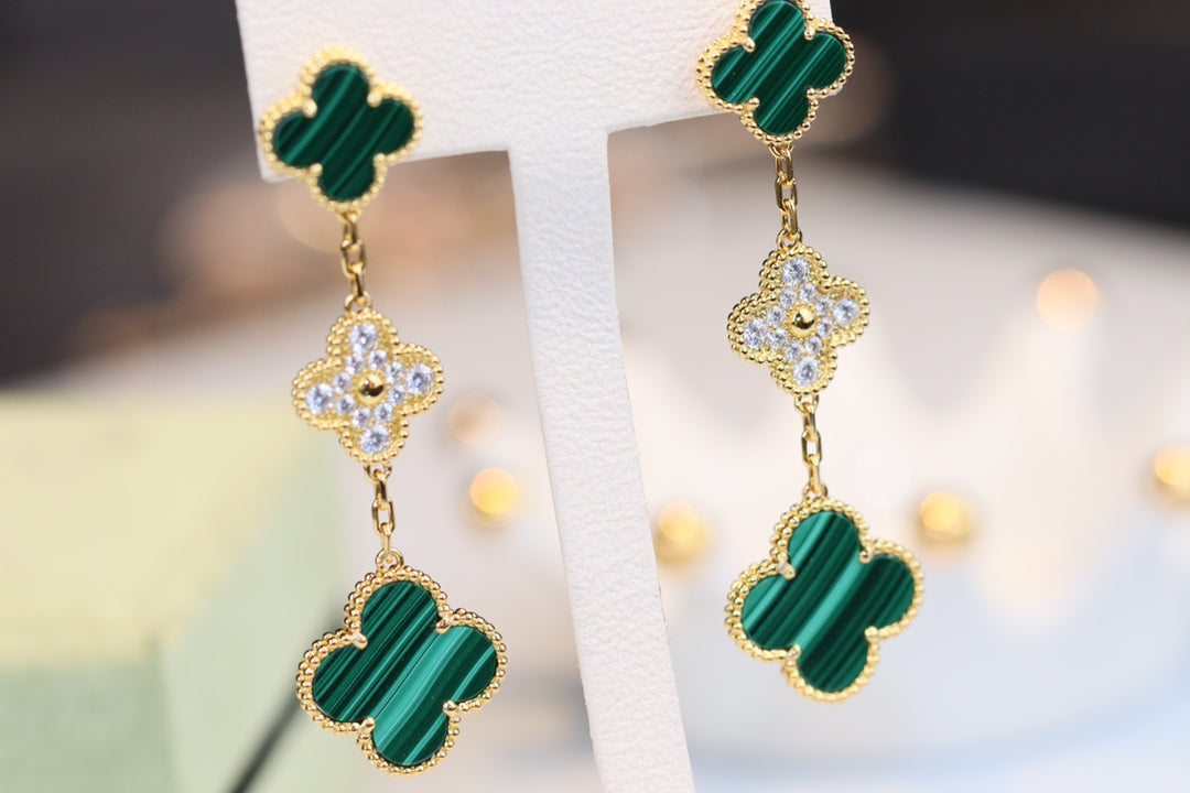 [Stellar Jewelry]CLOVER EARRINGS GOLD MALACHITE DIAMOND 3 MOTIF