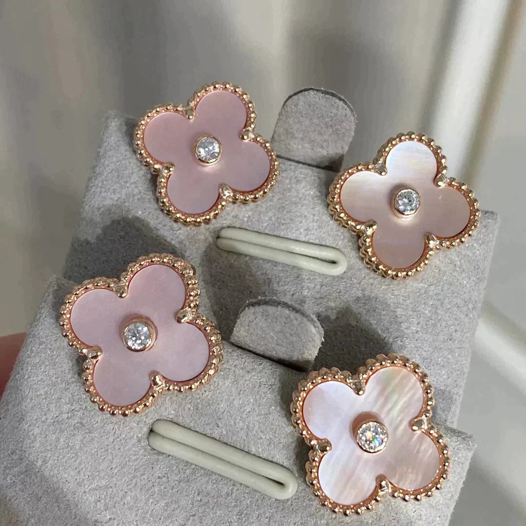 [Stellar Jewelry]CLOVER MEDIUM 1 MOTIFS  PINK MOP DIAMOND EARRINGS