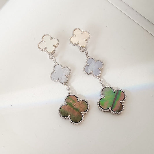 [Stellar Jewelry]CLOVER 3 MOTIFS CHALCEDONY DARK MOP SILVER EARRINGS