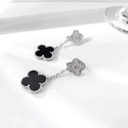 [Stellar Jewelry]CLOVER 2 MOTIFS  DIAMOND ONYX EARRINGS SILVER