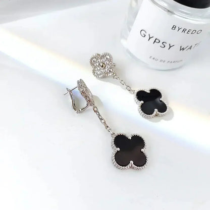 [Stellar Jewelry]CLOVER 2 MOTIFS  DIAMOND ONYX EARRINGS SILVER