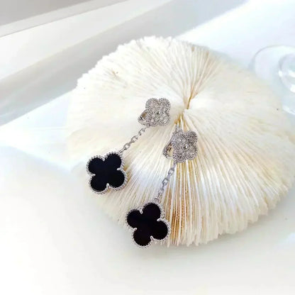 [Stellar Jewelry]CLOVER 2 MOTIFS  DIAMOND ONYX EARRINGS SILVER