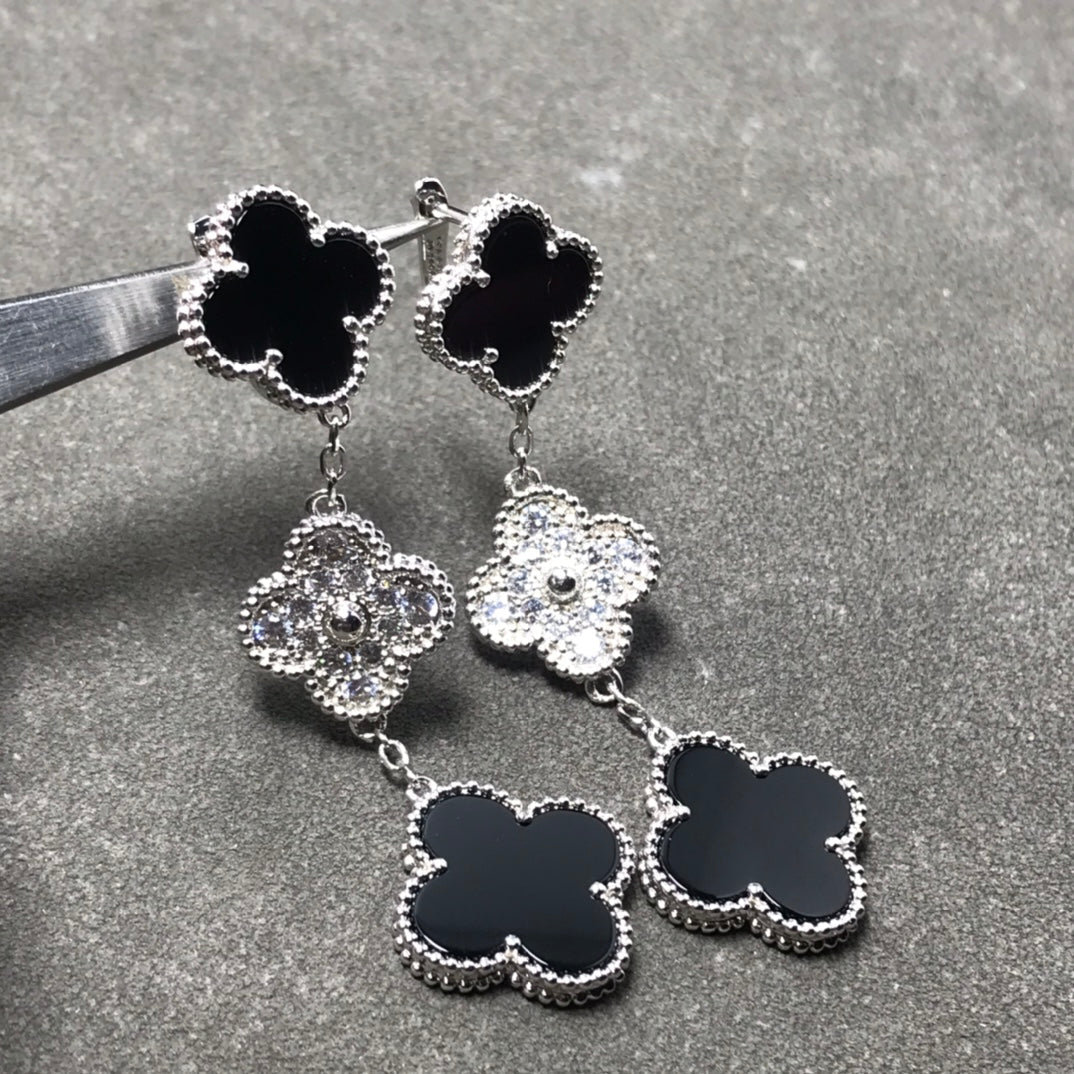 [Stellar Jewelry]CLOVER 3 MOTIF DIAMOND ONYX SILVER EARRINGS
