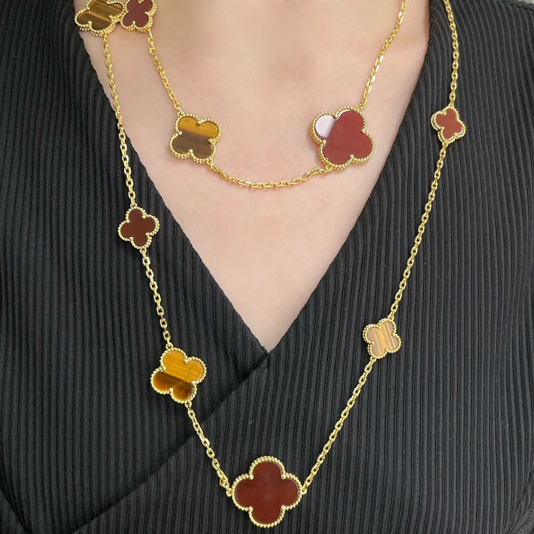 [Stellar Jewelry]CLOVER 16 MOTIF CARNELIAN TIGER EYE ROSE GOLD NECKLACE