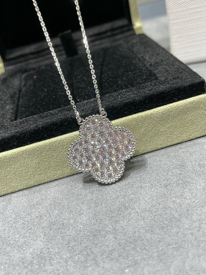[Stellar Jewelry]CLOVER 25MM LARGE PENDANT DIAMOND PAVED SILVER NECKLACE