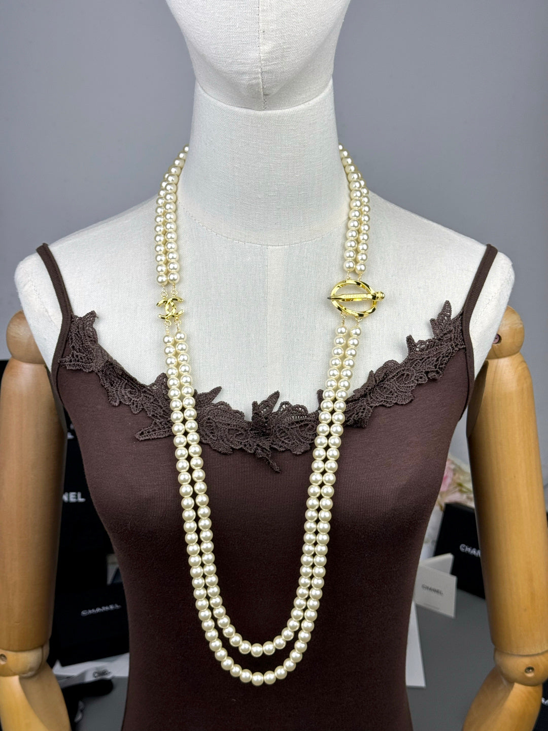 [Stellar Jewelry]25K Pencil Double C Double-Layer Pearl Sweater Chain