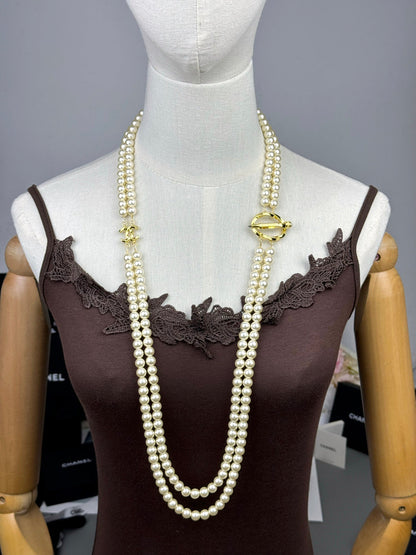 [Stellar Jewelry]25K Pencil Double C Double-Layer Pearl Sweater Chain