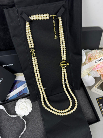 [Stellar Jewelry]25K Pencil Double C Double-Layer Pearl Sweater Chain