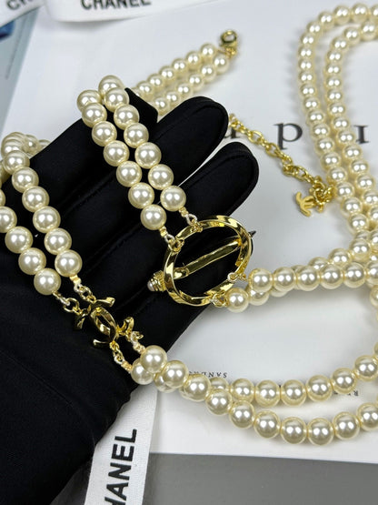 [Stellar Jewelry]25K Pencil Double C Double-Layer Pearl Sweater Chain