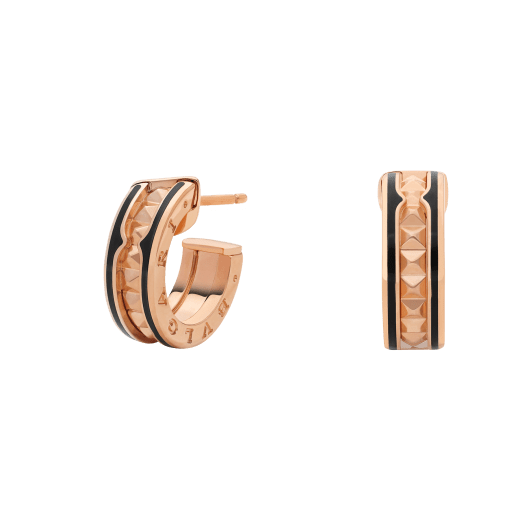 [Stellar Jewelry]ZERO 1 ROCK PINK GOLD EARRINGS WITH STUDDED SPIRAL AND BLACK CERAMIC