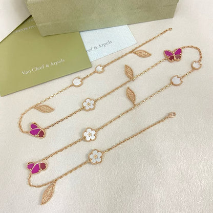 [Stellar  Jewelry]ROSE QUARTZ MIXED FLOWER BUTTERFLY SWEATER CHAIN