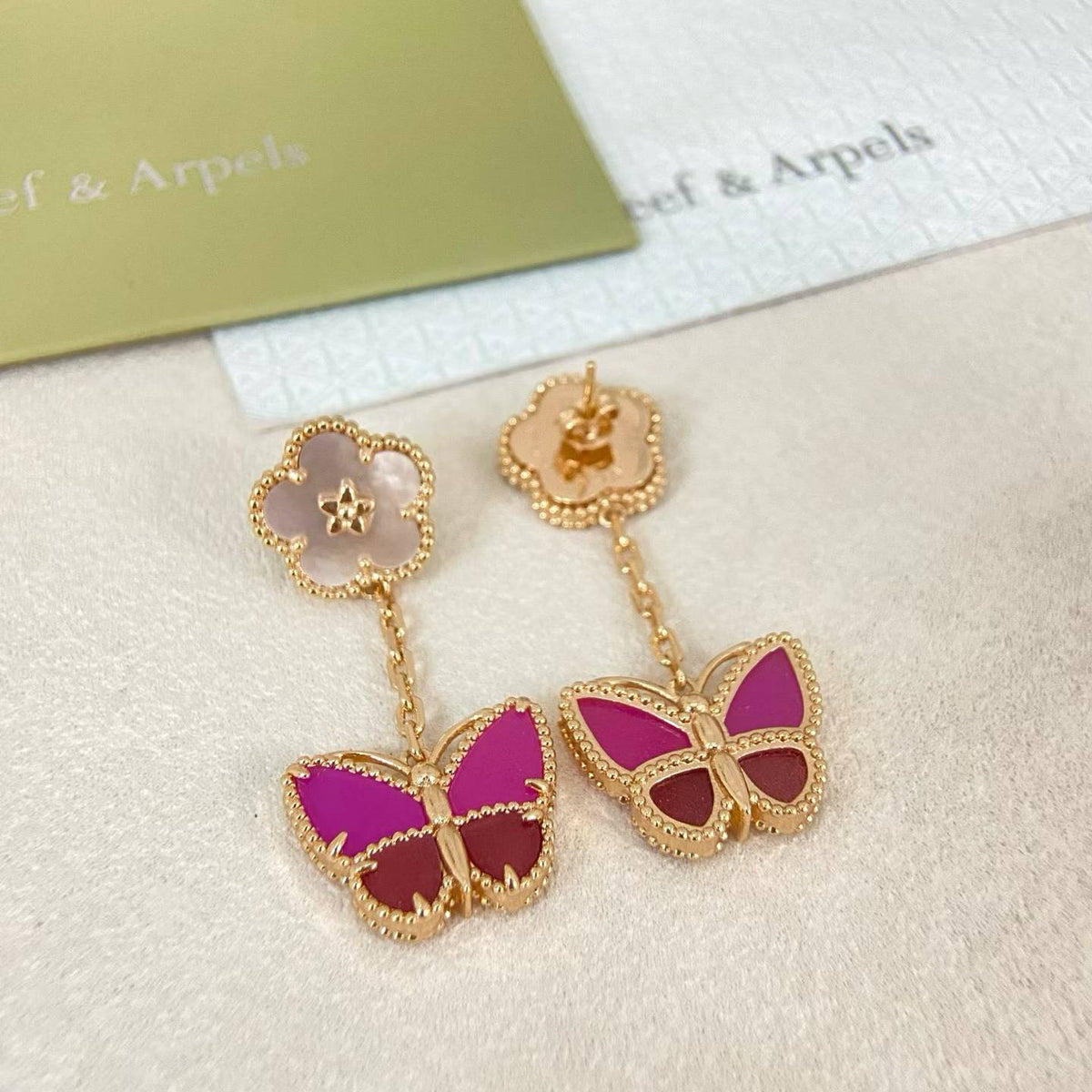 [Stellar  Jewelry]ROSE QUARTZ TWO‑FLOWER BUTTERFLY DROP EARRINGS