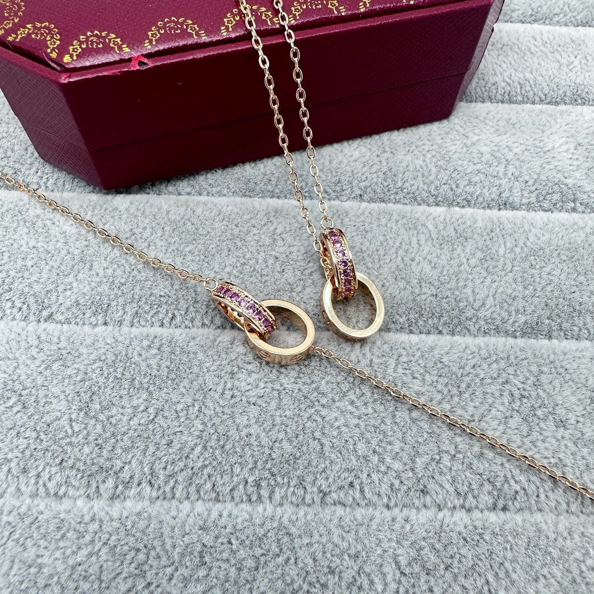 [Stellar Jewelry]LOVE DOUBLE PINK STONES RING NECKLACE