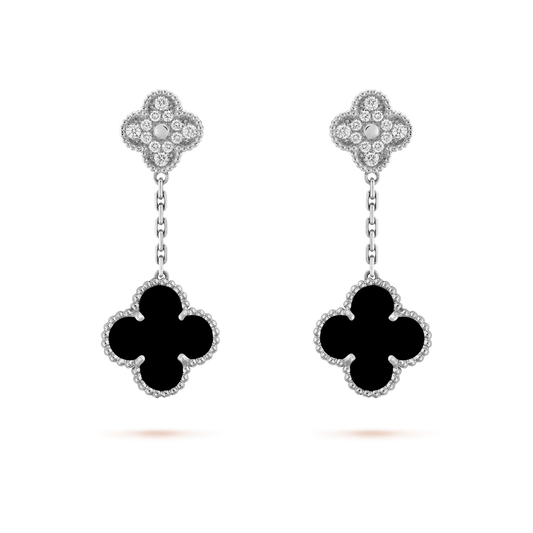 [Stellar Jewelry]CLOVER 2 MOTIFS  DIAMOND ONYX EARRINGS SILVER