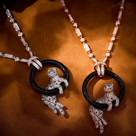 [Stellar Jewelry]NEW BLACK CIRCLE PANTHER FULL DIAMOND NECKLACE