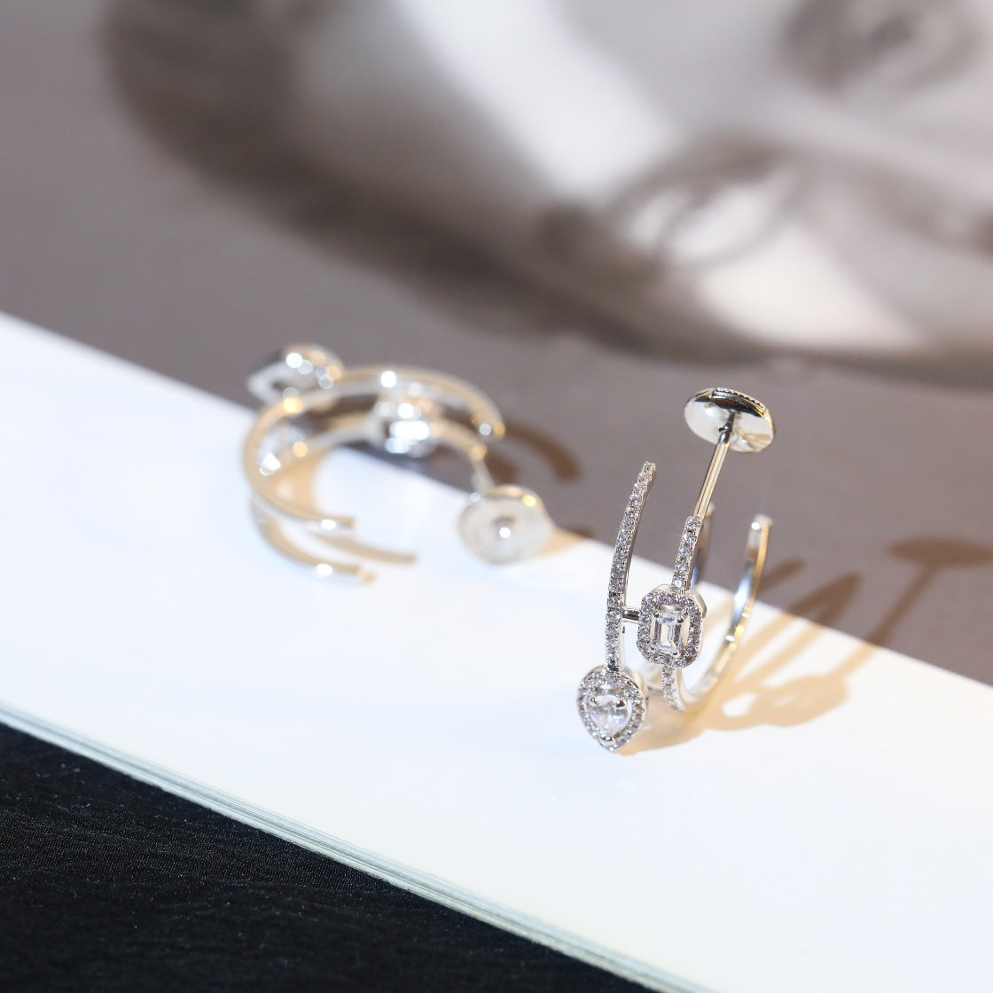 [Stellar Jewelry]CREOLES MY TWIN 2 RANGS SILVER DIAMOND EARRINGS