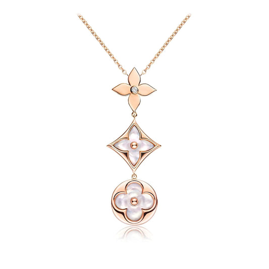 [Stellar Jewelry]COLOR BLOSSOM LARIAT NECKLACE PINK GOLD WHITE MOTHER PEARL AND DIAMOND