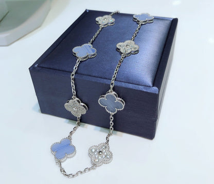 [Stellar Jewelry]CLOVER 10 MOTIFS CHALCEDONY DIAMONDS SILVER NECKLACE