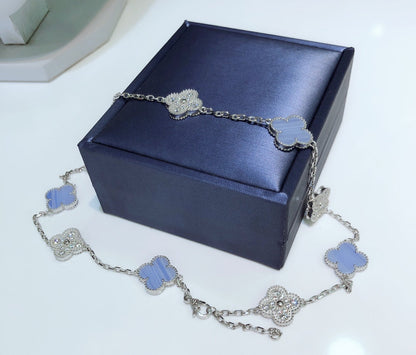 [Stellar Jewelry]CLOVER 10 MOTIFS CHALCEDONY DIAMONDS SILVER NECKLACE